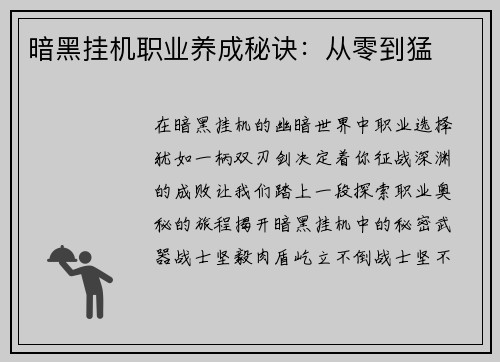 暗黑挂机职业养成秘诀：从零到猛